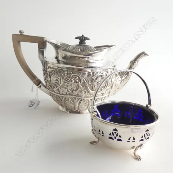 SILVER PLATE TEAPOT & BLUE GLASS & SP SUGAR BOWL 