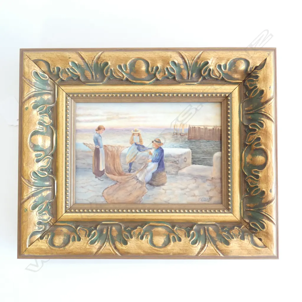R/WORCESTER ARTIST F. CLARK PAINTED PLAQUE NET MENDING. SIGNED Image 1++