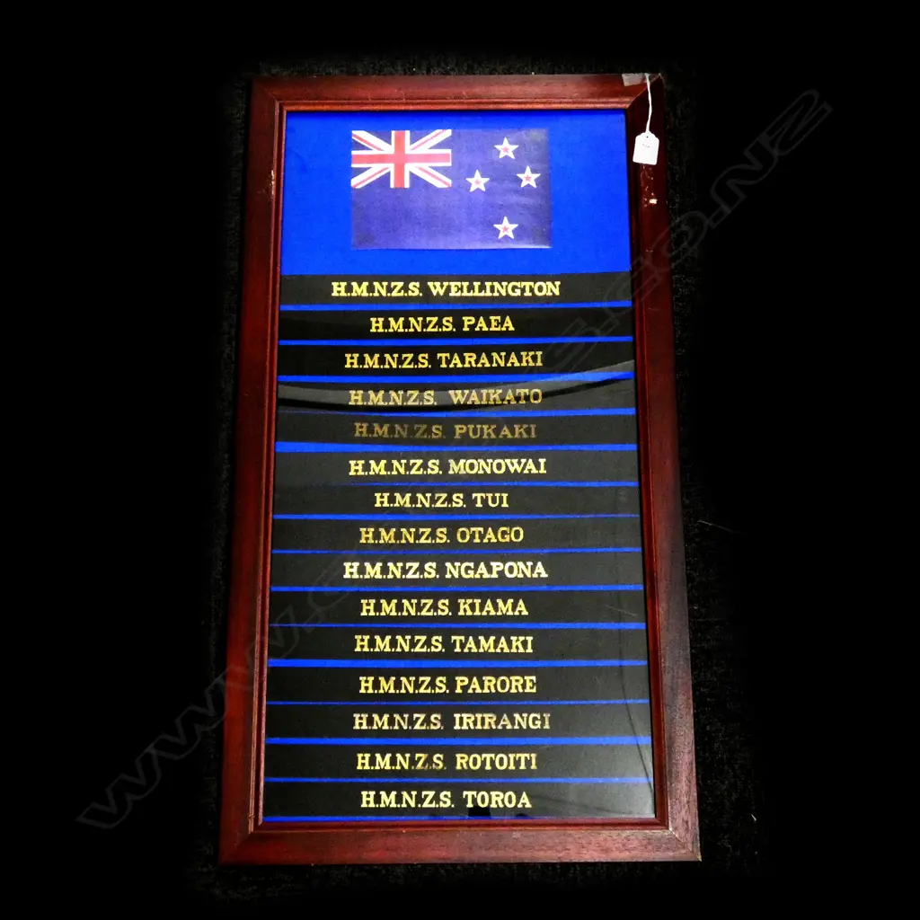 FRAMED ROYAL NZ NAVY CAP TALLIES 735x365mm Image 1++