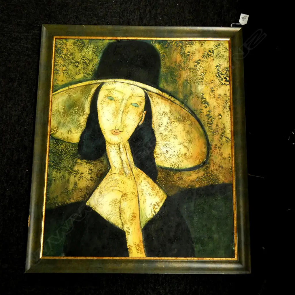 MIXED MEDIA ARTWORK AFTER MODIGLIANI WOMAN IN HAT 615x500mm Image 1++