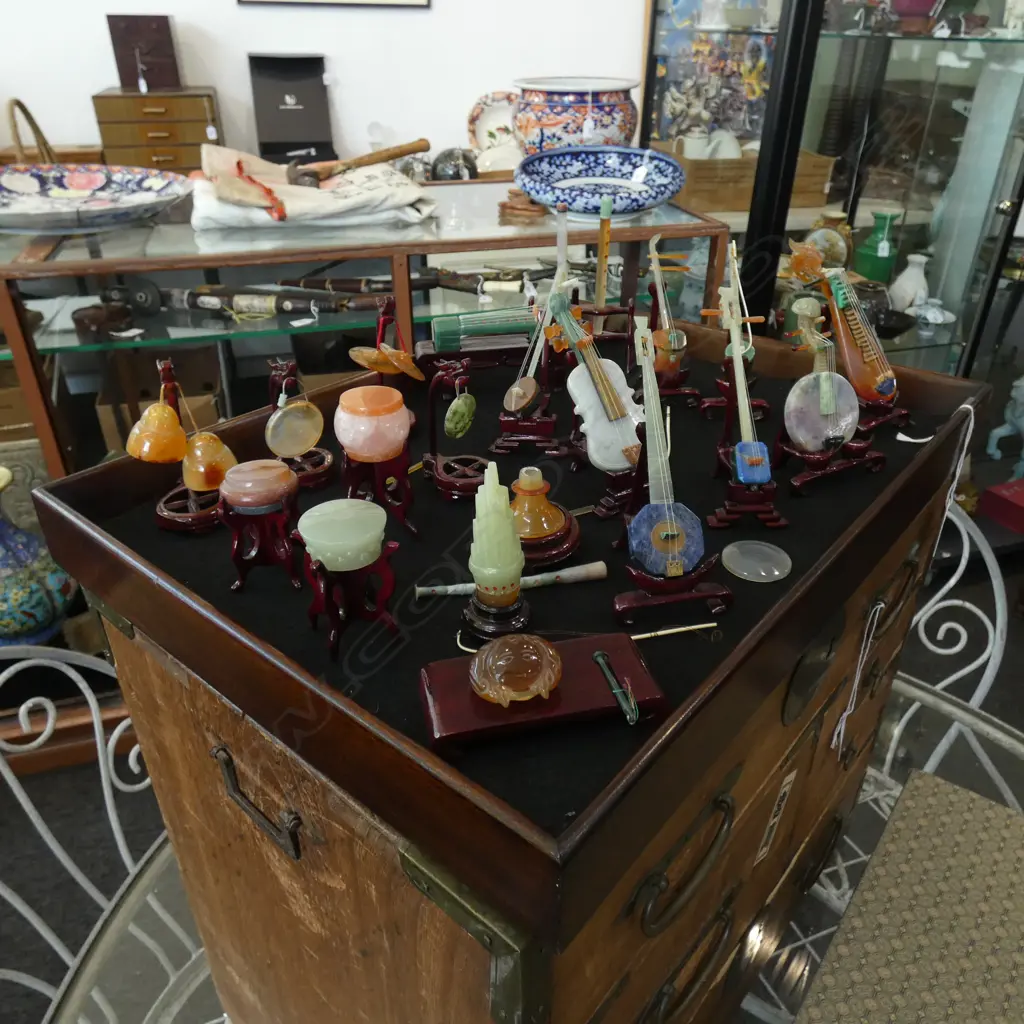 BOXED SET OF CHINESE HARDSTONE & JADE MINIATURE MUSICAL INSTRUMENTS & STANDS Image 1++