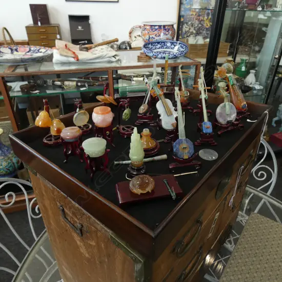 BOXED SET OF CHINESE HARDSTONE & JADE MINIATURE MUSICAL INSTRUMENTS & STANDS