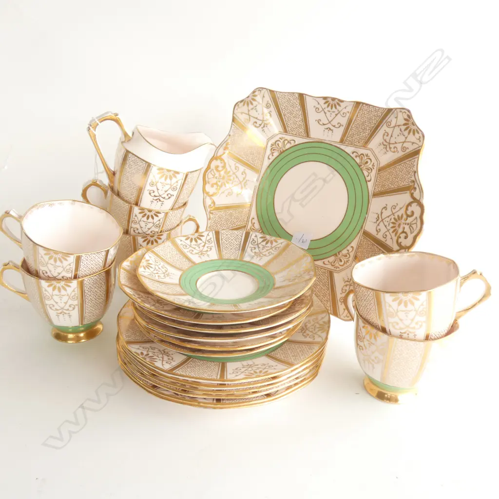 ART DECO TUSCAN GREEN / PINK & GOLD TEA SET 20 PCS Image 1++