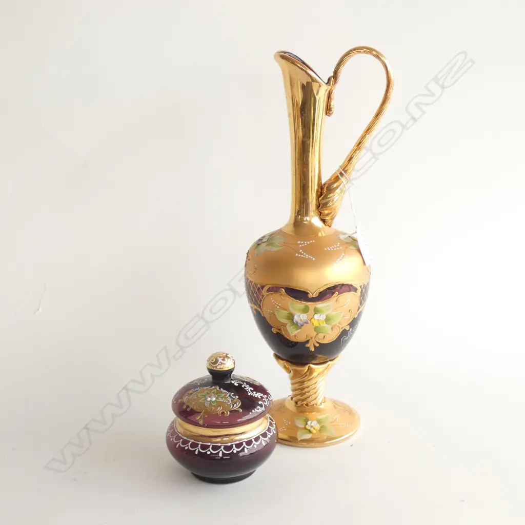 LG VENETIAN GOLD & AUBERGINE GLASS EWER (SIGNED BELLINI) H. 360MM & LIDDED BOWL Image 1++