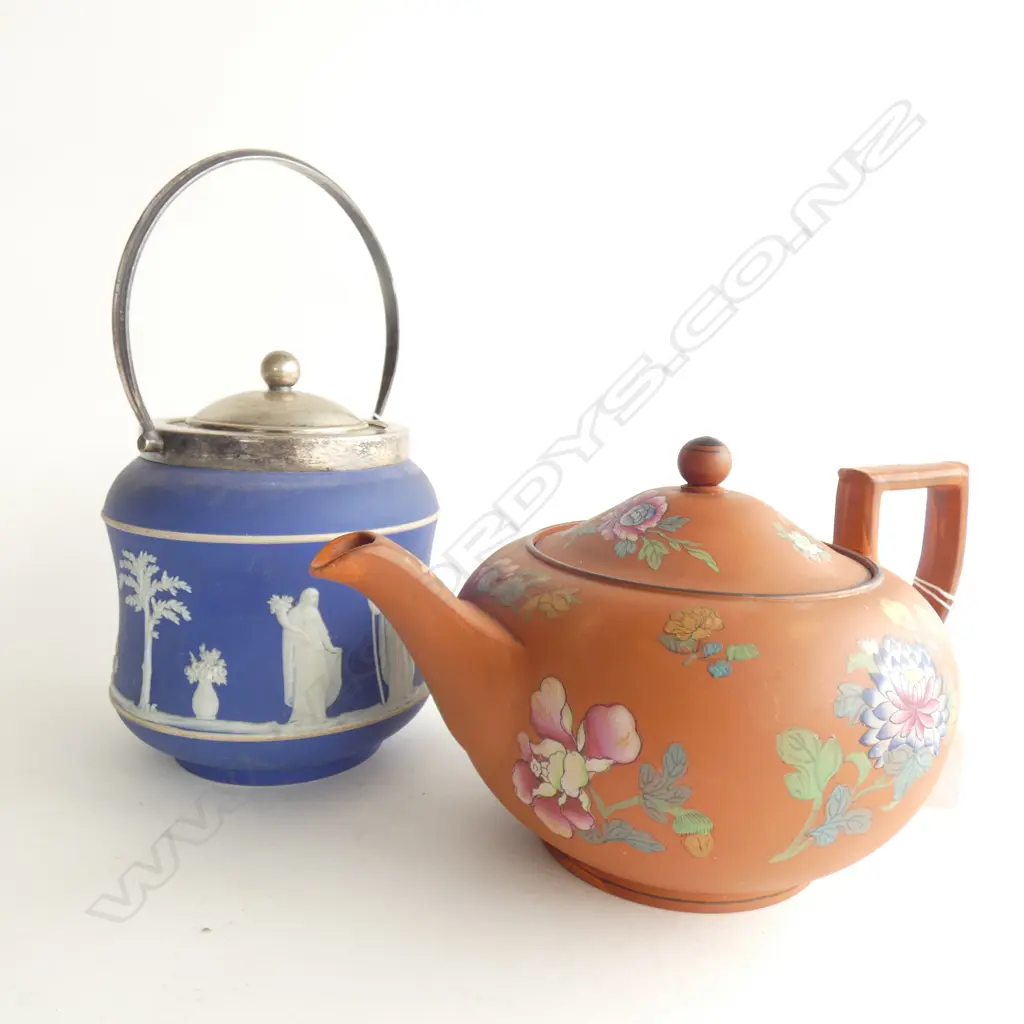 WEDGWOOD TERRACOTTA TEAPOT & COBALT JASPERWARE BISCUIT BARREL...  Image 1++