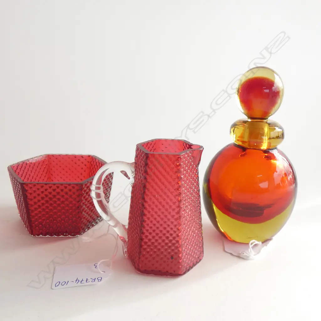 MURANO GLASS SCENT BOTTLE H. 130MM + RUBY GLASS JUG & BOWL Image 1++