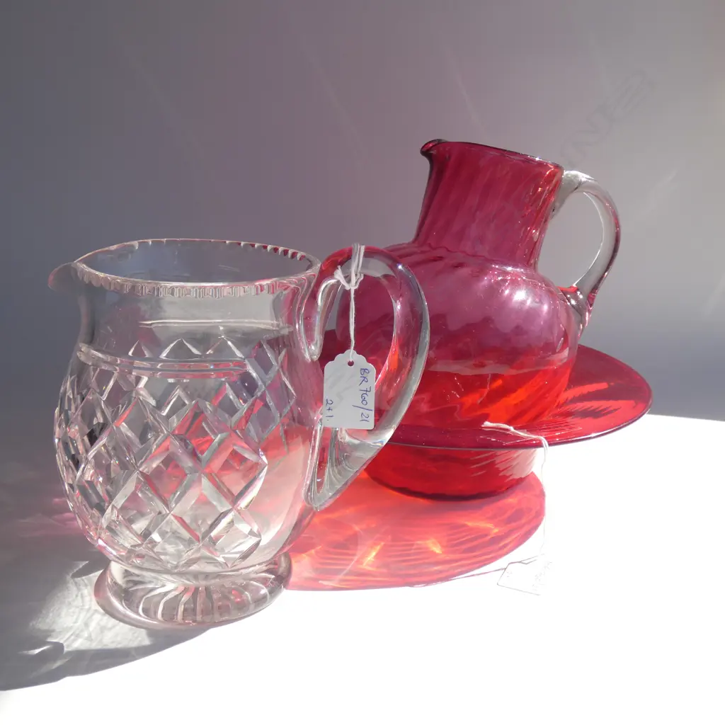 WHITEFRIARS RED BOWL 260mm dia + 2 JUGS; CRYSTAL & CRANBERRY H.180mm Image 1++