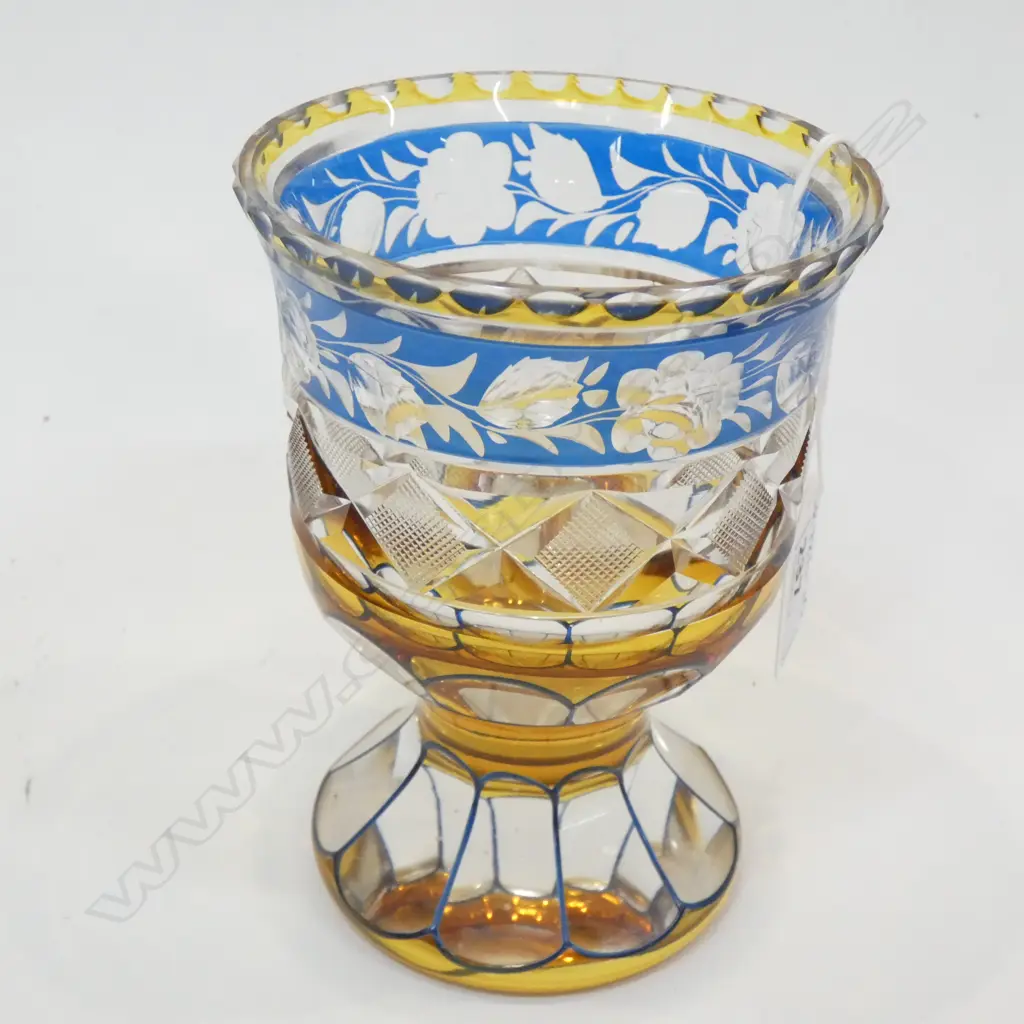 LG ORNATE GLASS GOBLET - BLUE / AMBER / CLEAR ETCHED GLASS H. 130MM Image 1++