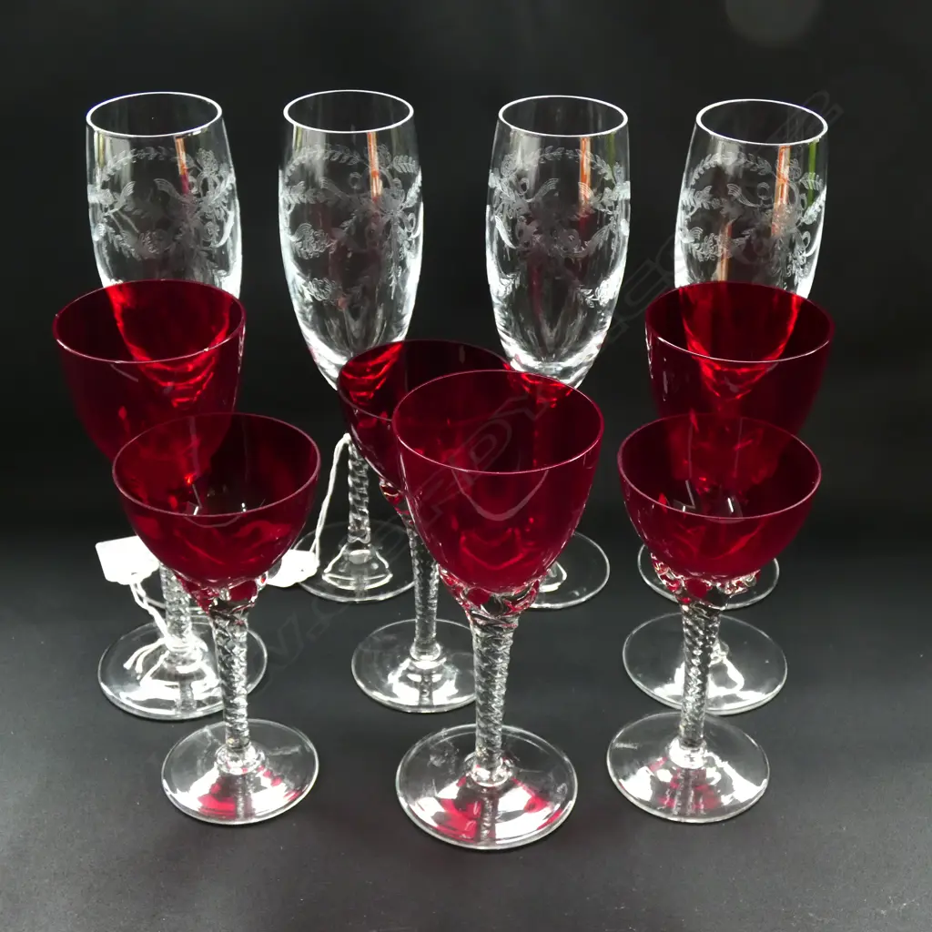 10 STEM WARE GLASSES; 4 ETCHED CHAMPAGNE FLUTES & 6 RUBY TWIST STEM GLASSES Image 1++