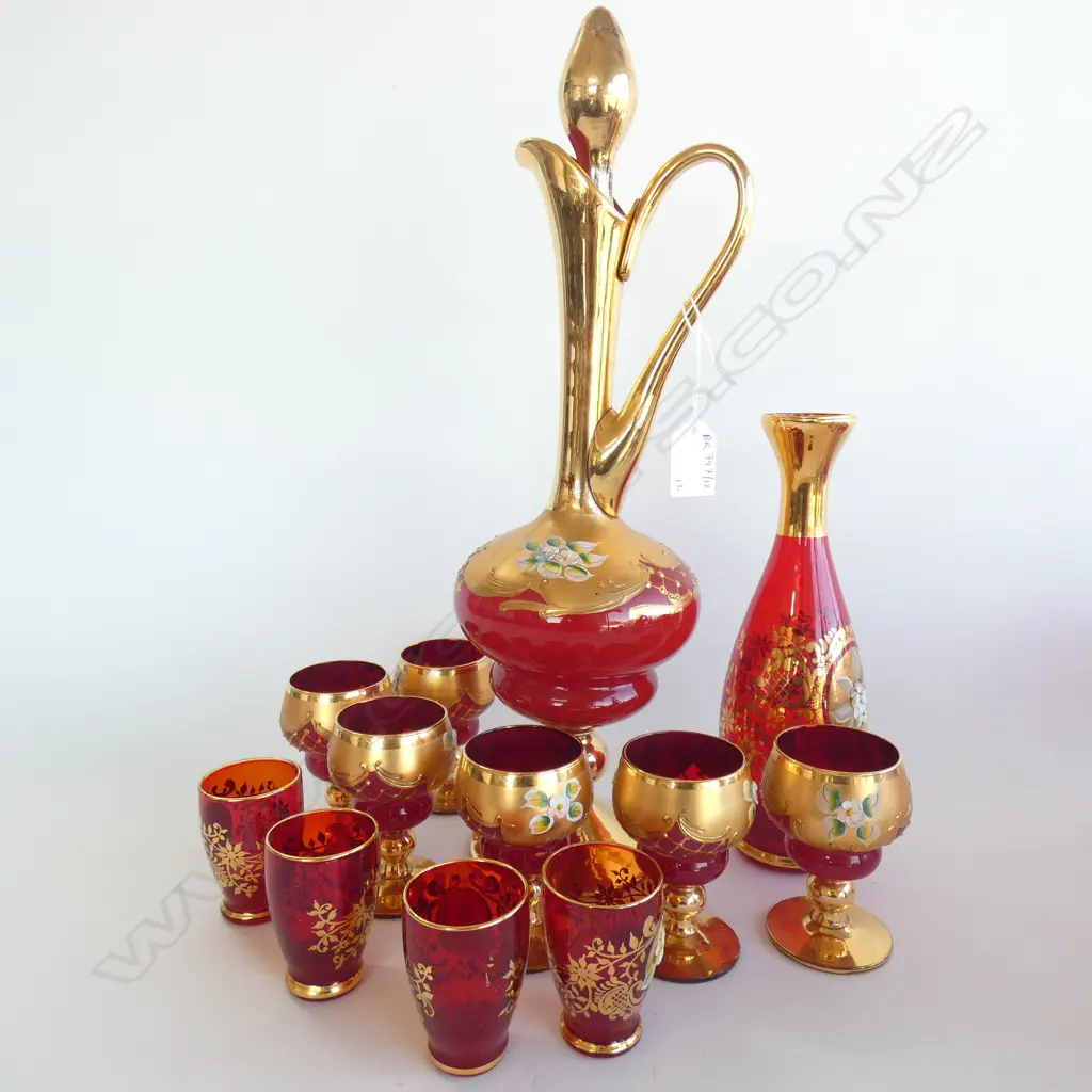 RED VENETIAN GLASS DECANTER H.415mm + 6 GLASSES / 4 SHOT GLASS & VASE Image 1++