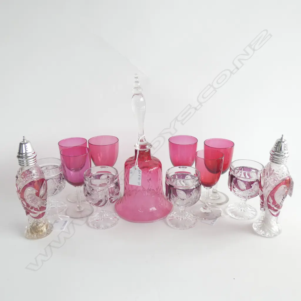 HOFBAUER GLASS SALT & PEPPER SHAKERS & 4 GLASSES / VICTORIAN RUBY GLASS BELL (H 270MM)+ 6 RUBY STEMMED GLASSES Image 1++