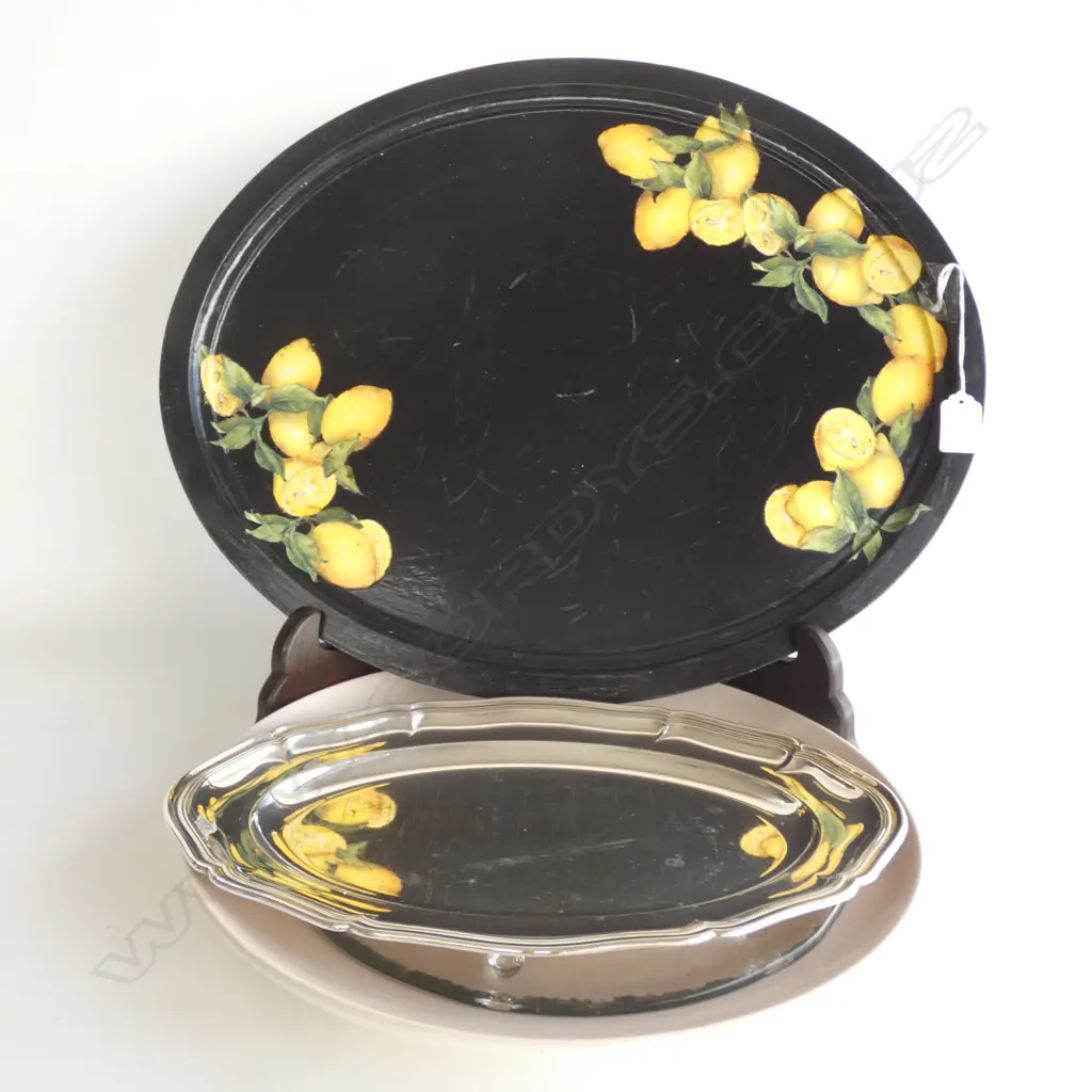4 LG TRAYS / PLATES INC. PAINTED WOODEN TRAY (L500M) & POOLE TWINTONE PLATTER Image 1++