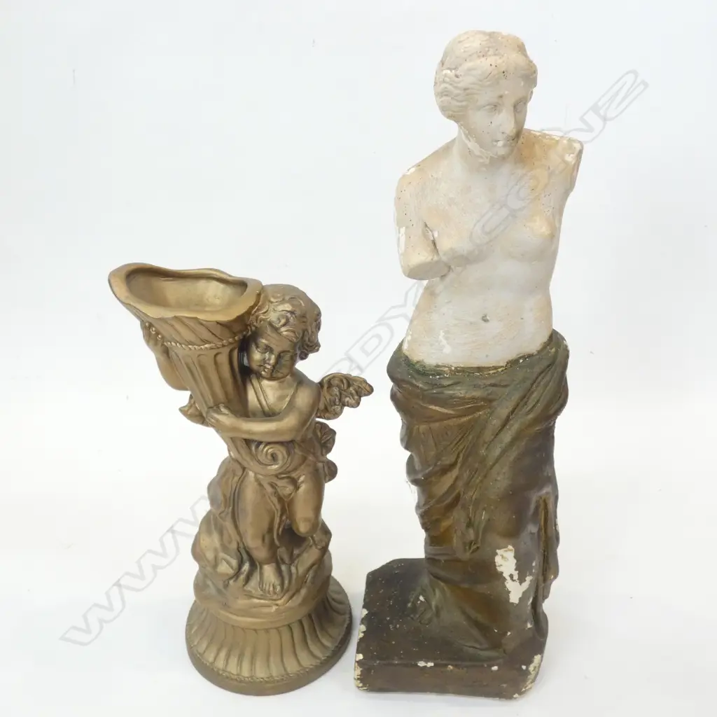 PLASTER FEMALE GREEK FIGURE H.430mm + GOLD PAINTED CHERUB w. CONE Image 1++