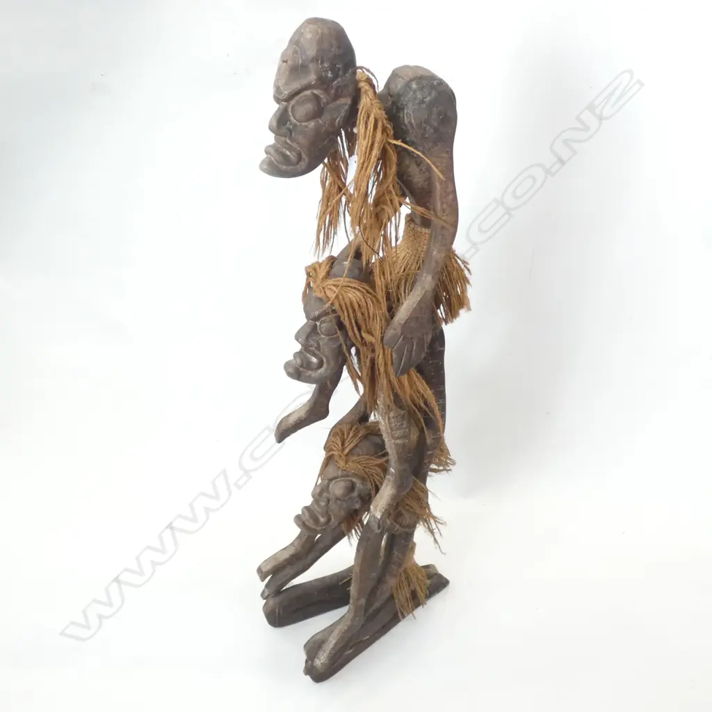 CARVED WOODEN TRIBAL SCULPTURE 3 MEN STACKED H.810mm Image 1++