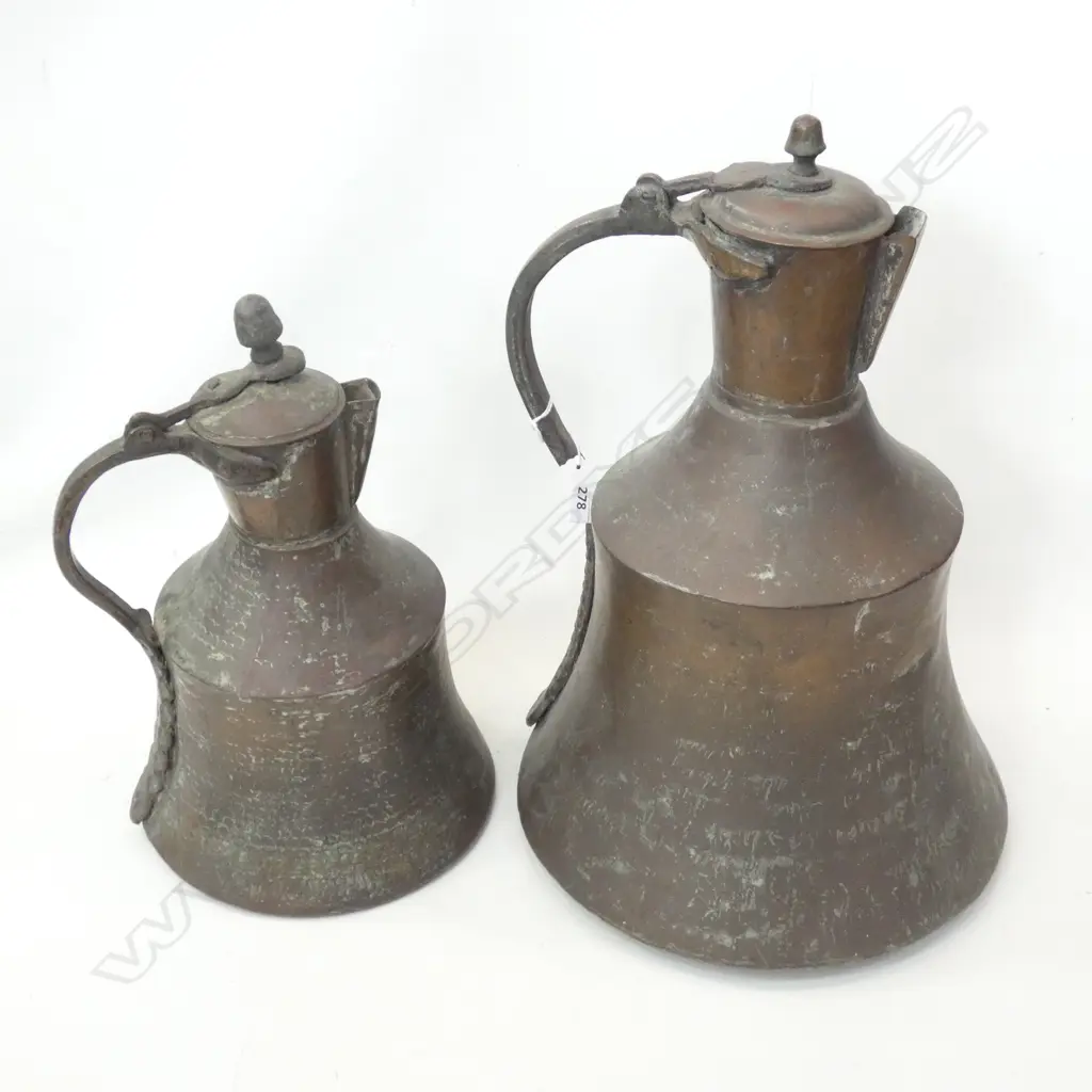 2 GRADUATED COPPER BELL SHAPED LIDDED JUGS LARGES H  440MM Image 1++