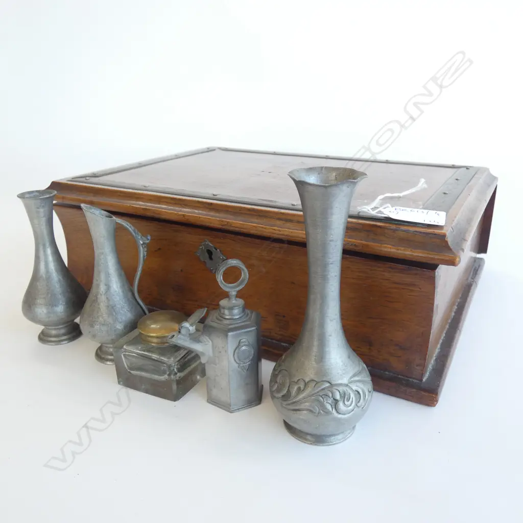 OLD OAK 'BOOK' BOX W.335mm + 4 PCES PEWTER Image 1++
