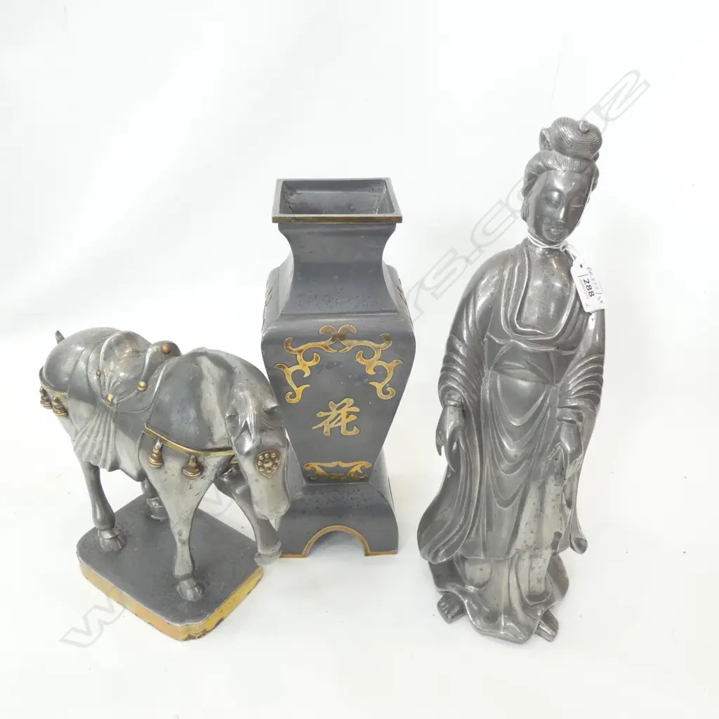 3 SILVER METAL DECORATIVE PCES; BUDDHA (NECK AF) H.360mm, SQUARE ORIENTAL VASE, HORSE Image 1++