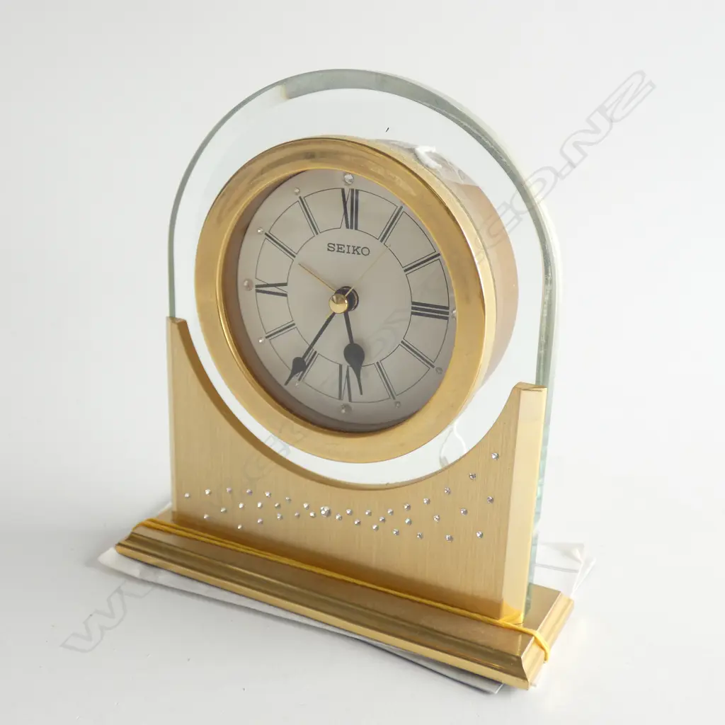SEIKO  GOLD PLATED / GLASS SM MANTLE CLOCK  - ENCRUSTED WITH CRYSTALS  H 140MM Image 1++
