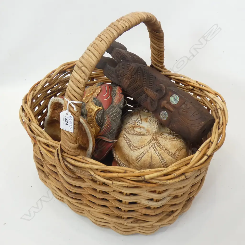 WOVEN BASKET WOODEN MASKS, MAORI TOTEM ETC Image 1++