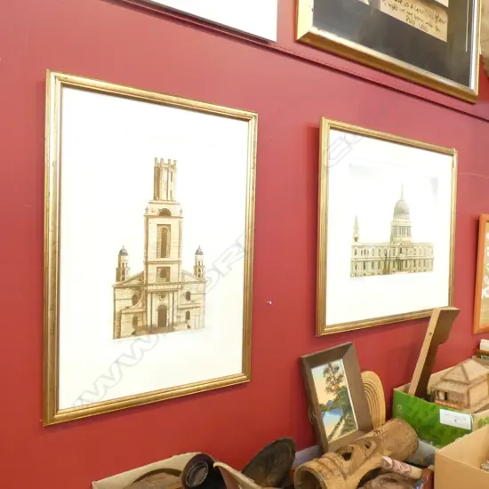 ANDREW INGAMELLS 2 LARGE PRINTS OF LONDON CHURCHES; 475x290mm + BOTANICAL ENGRAVING