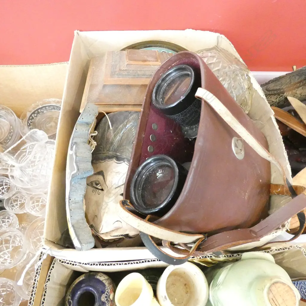 BOX LOT WOODEN BOXES, BINOCULARS ETC Image 1++
