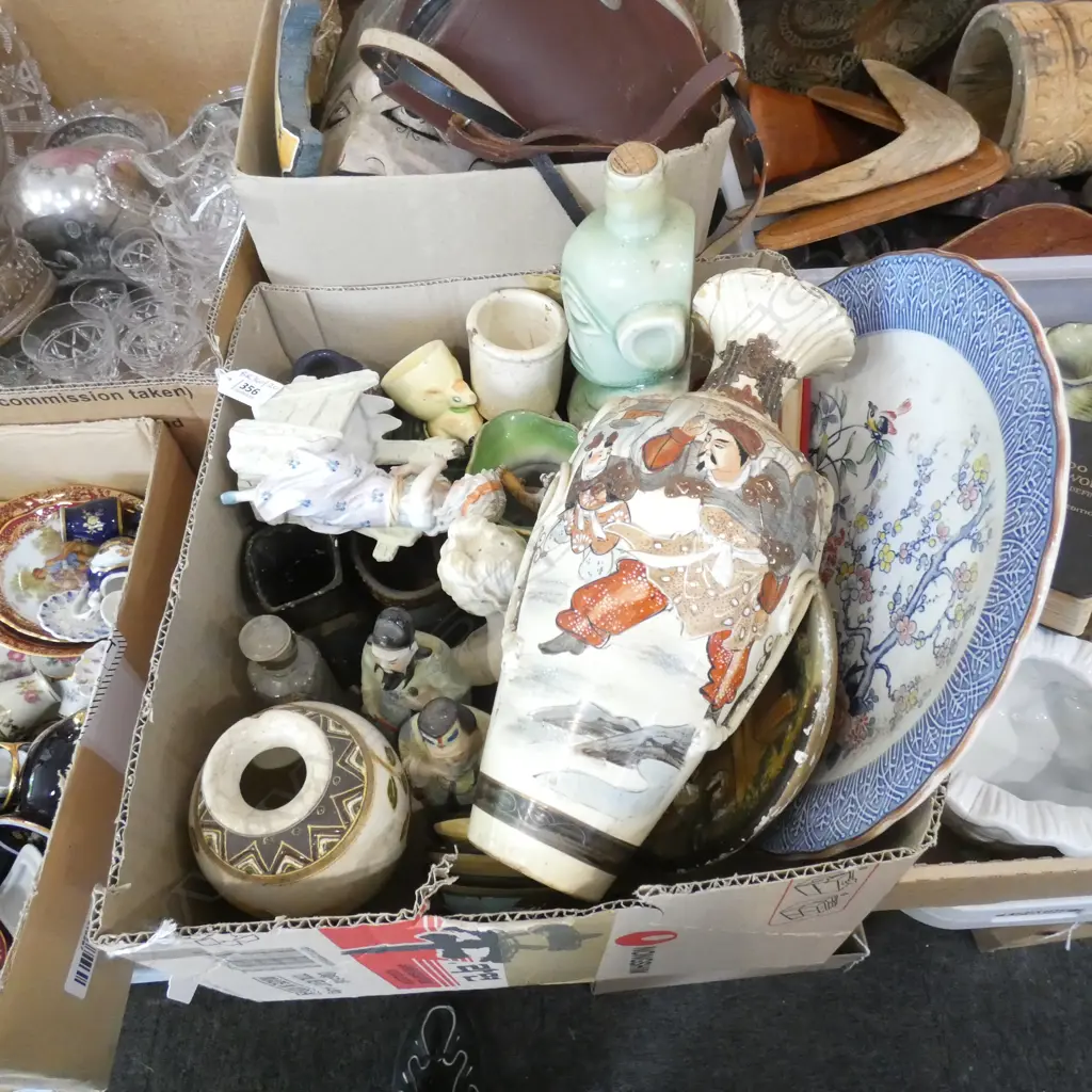 BOX LOT ASST. CERAMICS; ORIENTAL FIGURES ETC Image 1++