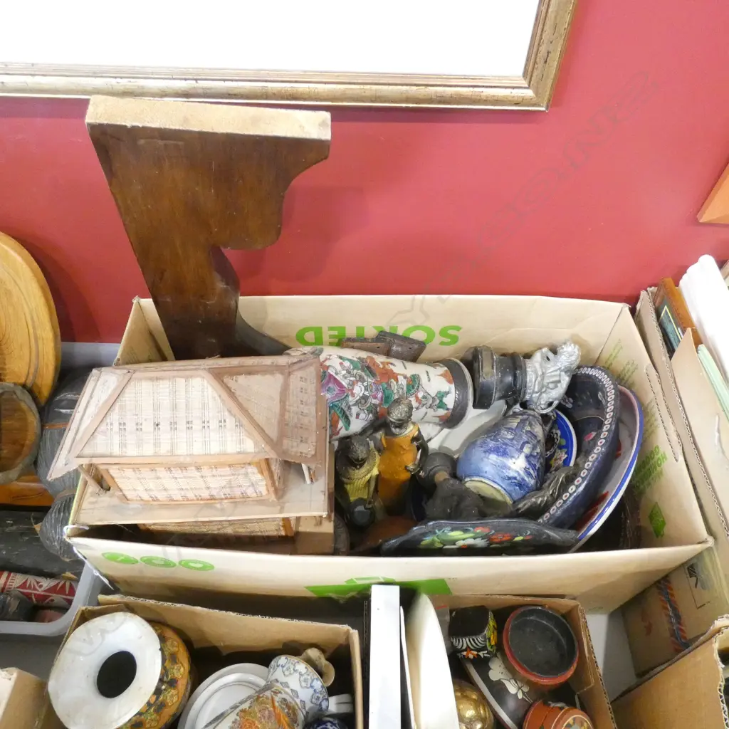 BOX LOT ASST.; ETHNIC FIGURES, BISCUIT BARREL, CERAMICS, BAMBOO HOUSE ETC Image 1++