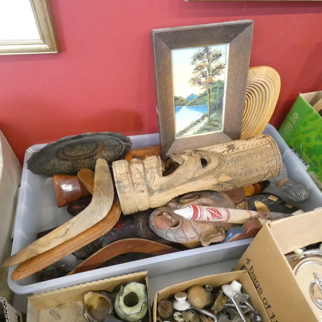 BOX LOT ASST. CARVED WOODEN TRIBAL MASKS  Image 1++
