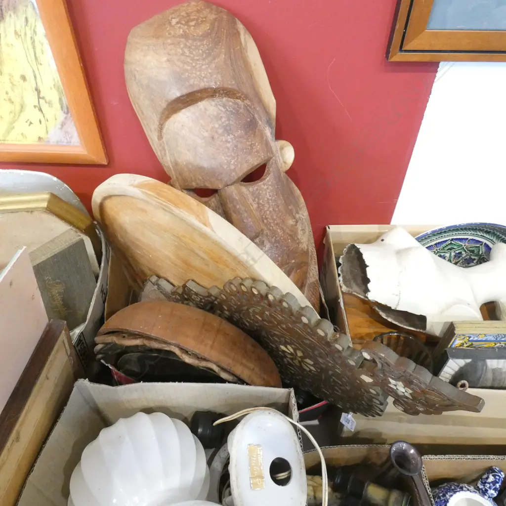 BOX LOT CARVED WOODEN PCES, CLOCKS ETC Image 1++