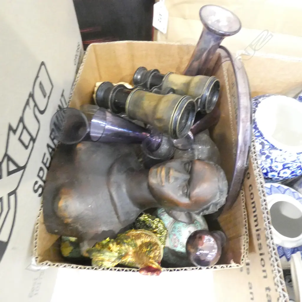 BOX LOT ASST. GLASS, OPERA GLASSES & CARVED WOODEN FIGURE Image 1++