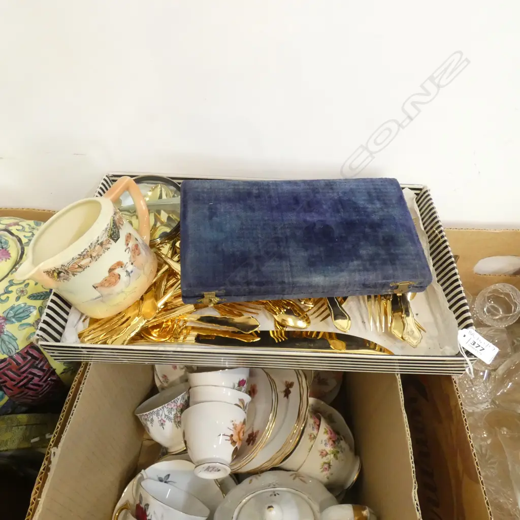 TRAY OF GOLD PLATED CUTLERY + JUG & SCALES ETC Image 1++