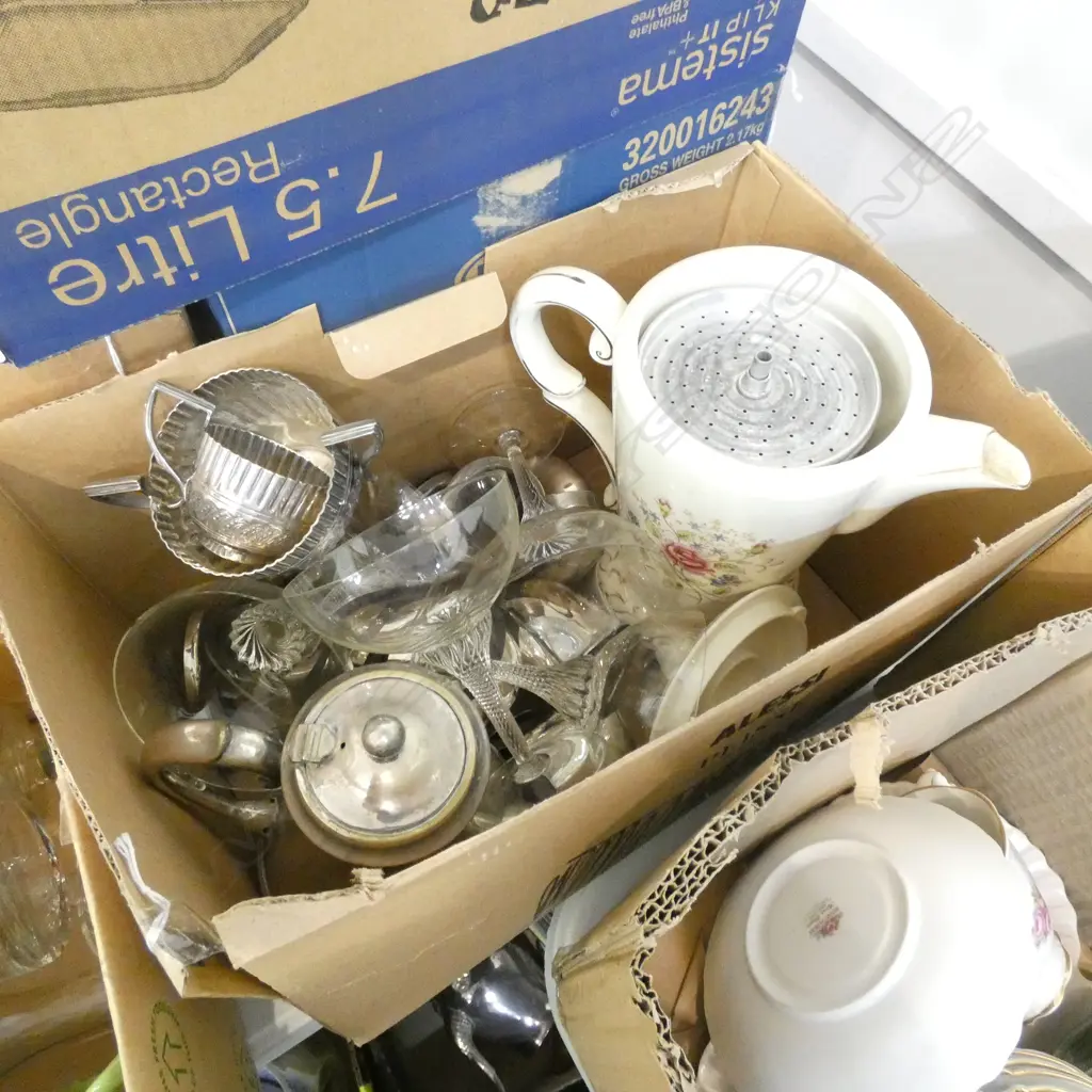 BOX LOT SILVER PLATE / CRYSTAL CHAMPAGNE GLASSES & PORCELAIN ELECTRIC COFFEE POT Image 1++