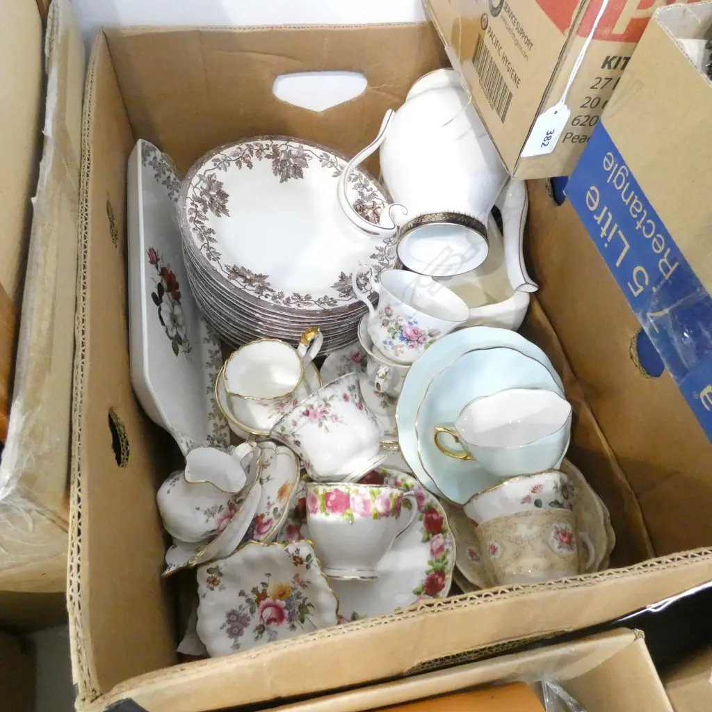 BOX LOT CHINA; ROYAL ALBERT TRIOS; RCD / BURLEIGH & CROWN LYNN VASE Image 1++