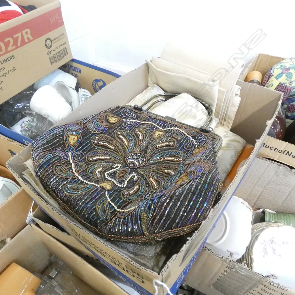 BOX LOT ASST. ORIENTAL FABRICS & BAG Image 1++