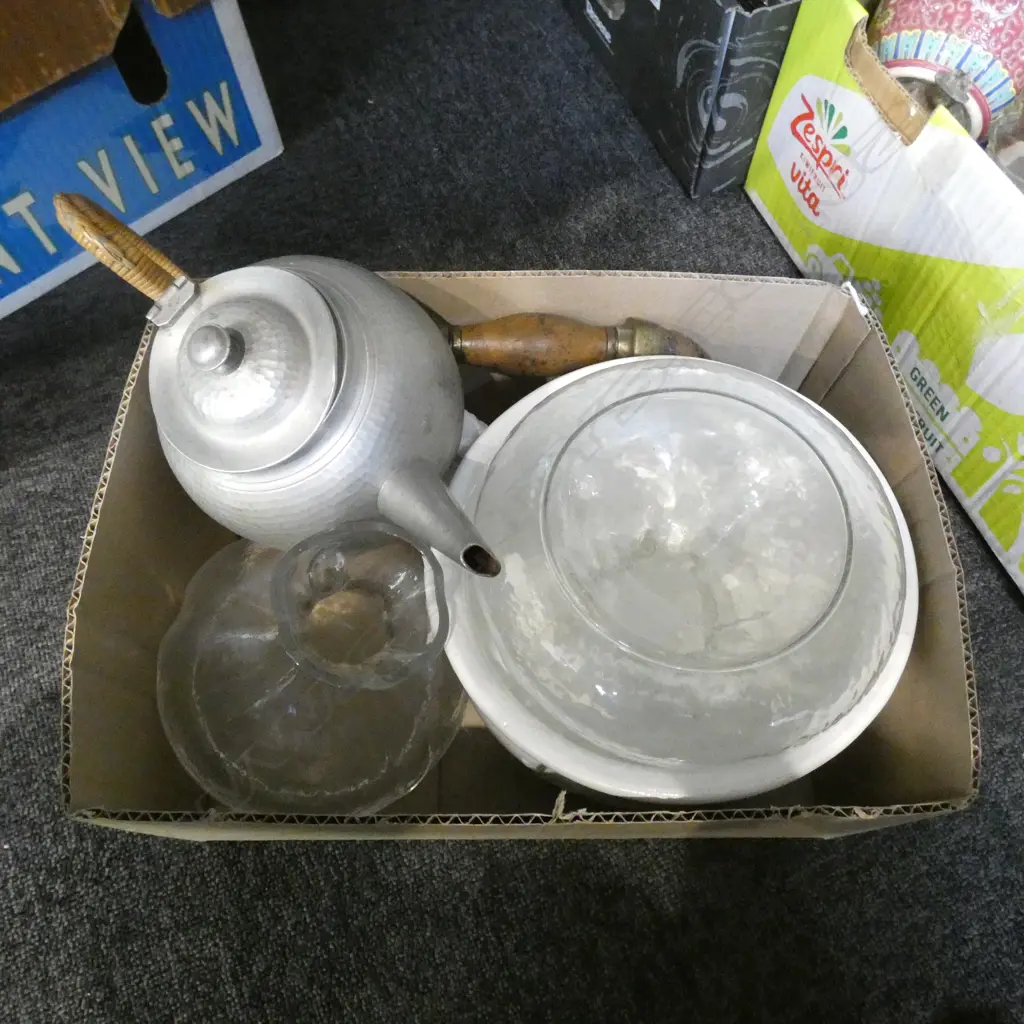 BOX LOT ASST. GLASS VASES, ANTIQUE BRACE & BIT ETC Image 1++