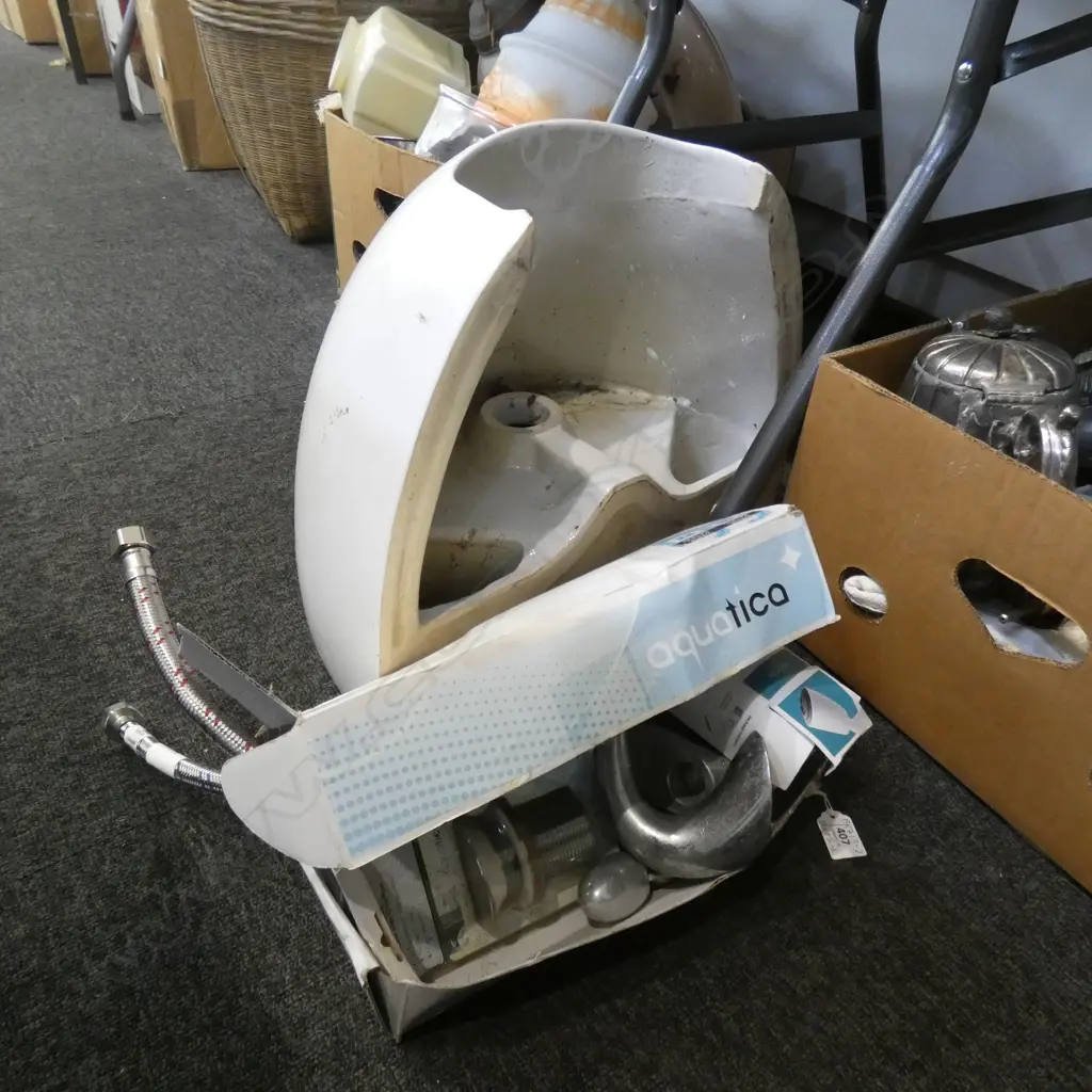 SM WHITE CERAMIC BATHROOM BASIN (440 X 250 X 380MM) & BOX ASST INCL. STEPHANE RONDEL TAPWARE ETC Image 1++