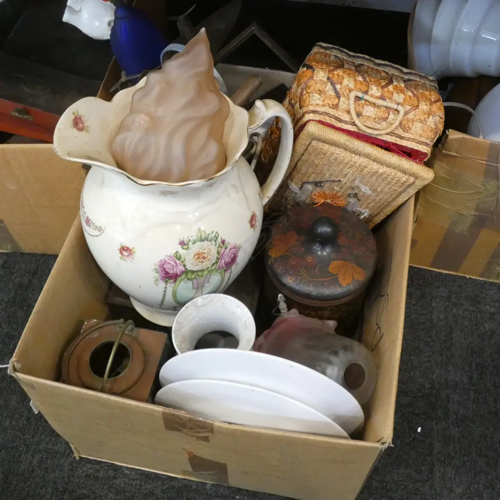 BOX LOT REPRO DECO PLANE LAMP, VICT. WASH JUG ETC Image 1++