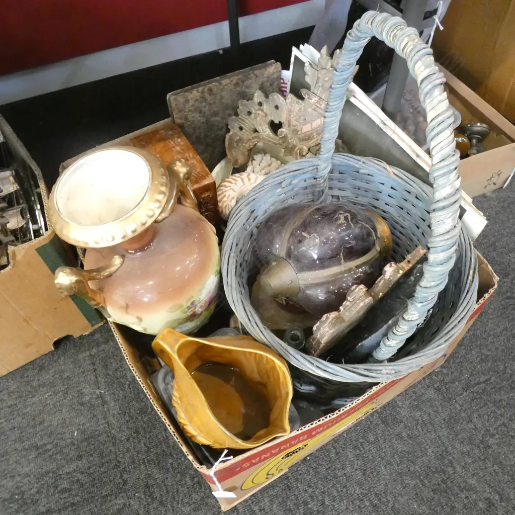 BOX LOT BLUE WOVEN CANE BASKET, SHELLS, BEADS ETC Image 1++
