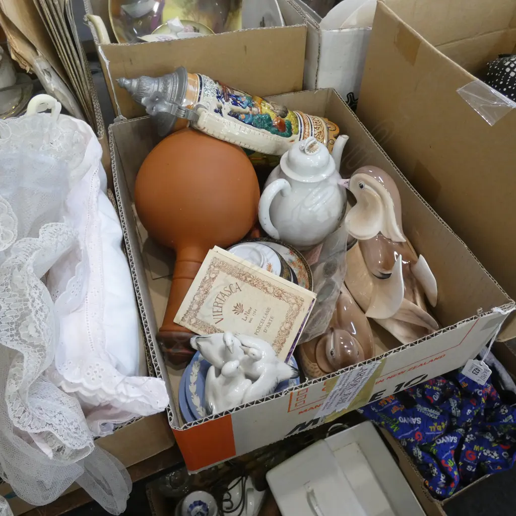 BOX LOT DUCKS, JAPANESE CHINA, COINS, WEDGWOOD, STEIN, TERRACOTTA BOTTLE Image 1++