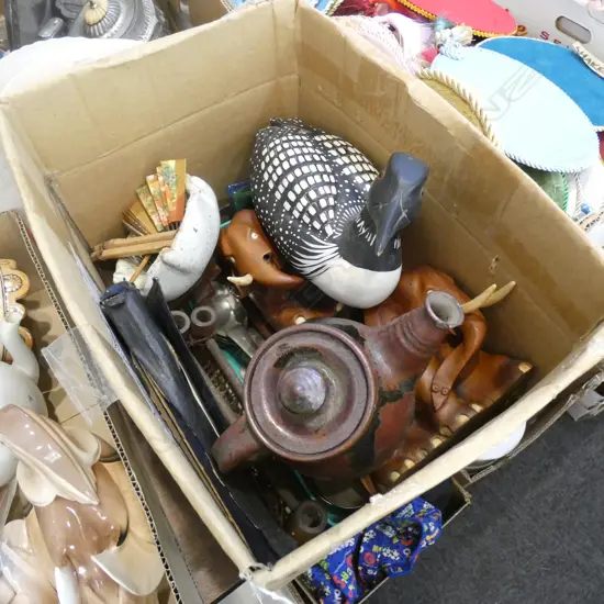 BOX LOT CARVED WOODEN ELEPHANT BOOK ENDS, DUCK, CUTLERY ETC