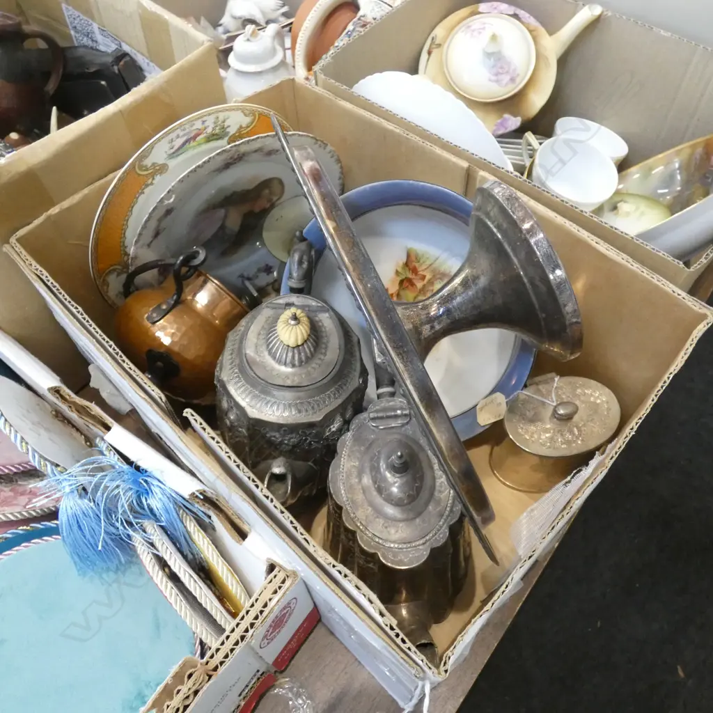 BOX LOT ASST EPNS, INCLUDING VICTORIAN TEAPOTS Image 1++