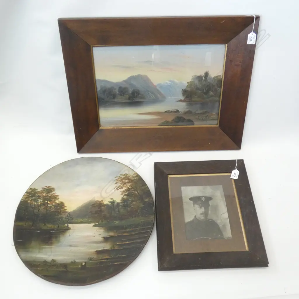 WWI SOLDIER + S. CROFT LANDSCAPE OIL 290x430mm ORIG. OAK FRAMES + CIRCULAR COLONIAL OIL PAINTED ON METAL DISK 445mm dia Image 1++