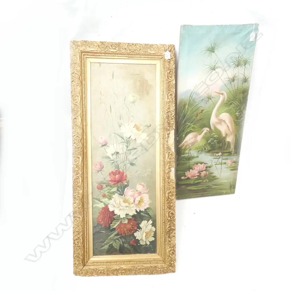 2 EARLY 20th OILS; FLORAL w. GILT FRAME AF & WHITE HERON & CHICK 915x360mm Image 1++