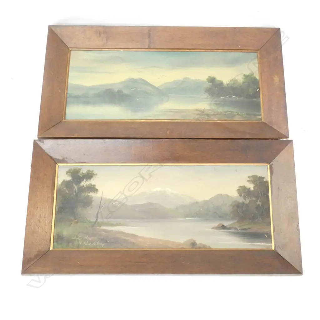 2 PAUL WREN COLONIAL LANDSCAPE OILS 'LAKE TE ANAU' & 'LAKE ADA' 230x600mm Image 1++