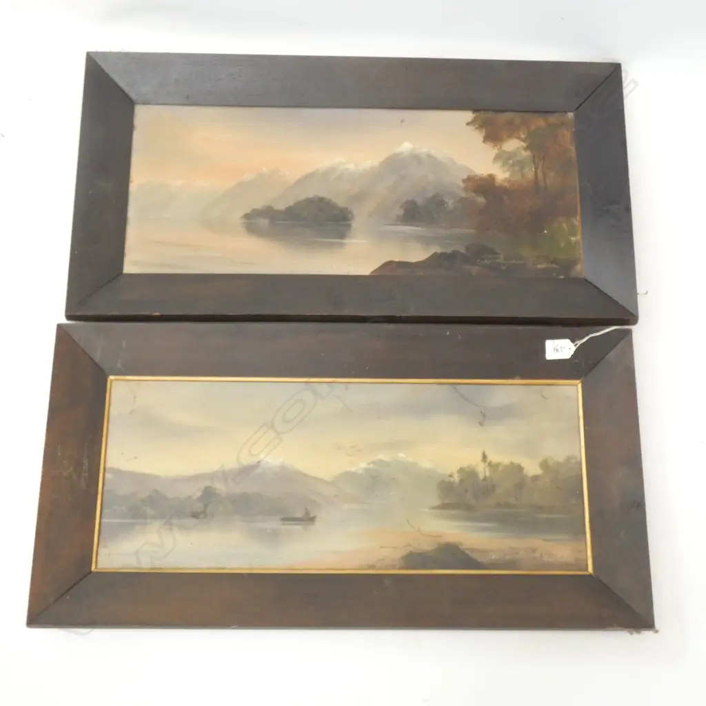 2 PAUL WREN COLONIAL LANDSCAPE OILS 'EVENING LAKE MANOPOURI' & 'LAKE TE ANAU' 235x600mm Image 1++