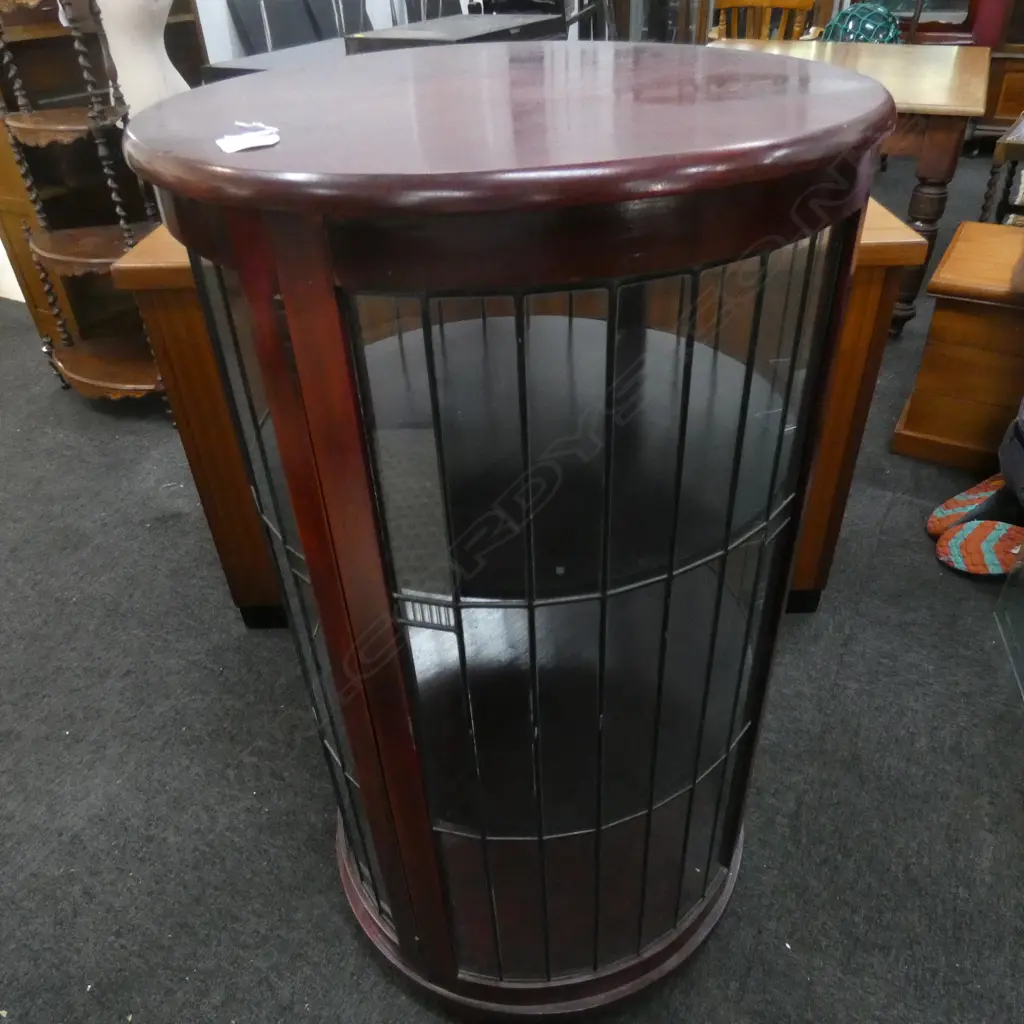 1930'S CIRCULAR STAINED RIMU? & LEADLIGHT CHINA DISPLAY CABINET Image 1++