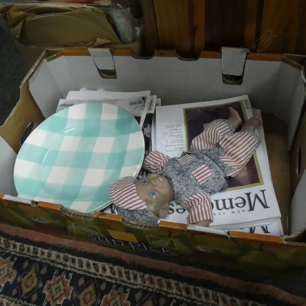 BOX ASST; NZ MEMORIES MAGAZINES; CROWN LYNN GINGHAM PLATES. GLOOBEE DOLL Image 1++