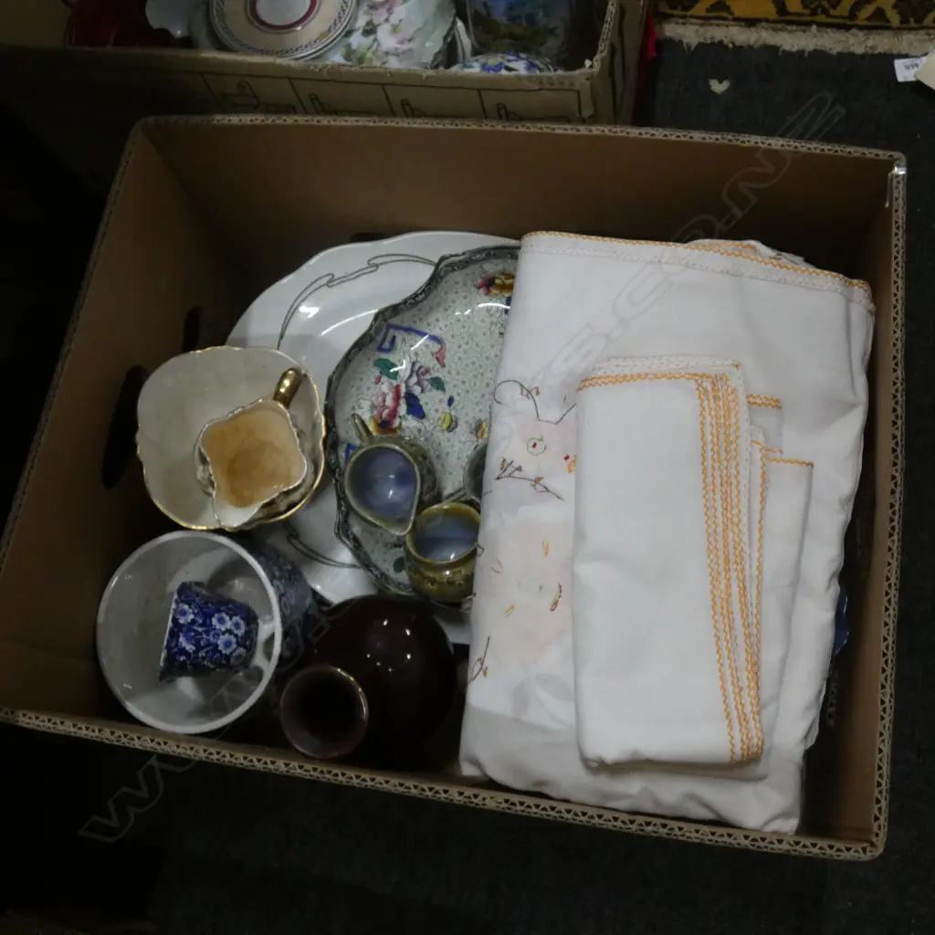 BOX LOT VINTAGE CHINA  INCL. BURLEIGH WARE CALIICO + LINEN Image 1++