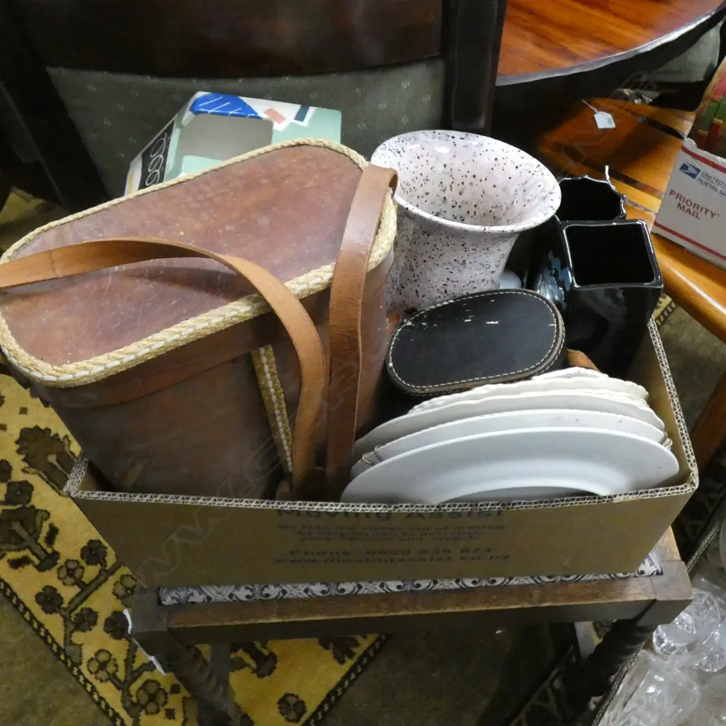 BOX LOT ASST. CERAMICS; VASES, PLATES ETC Image 1++