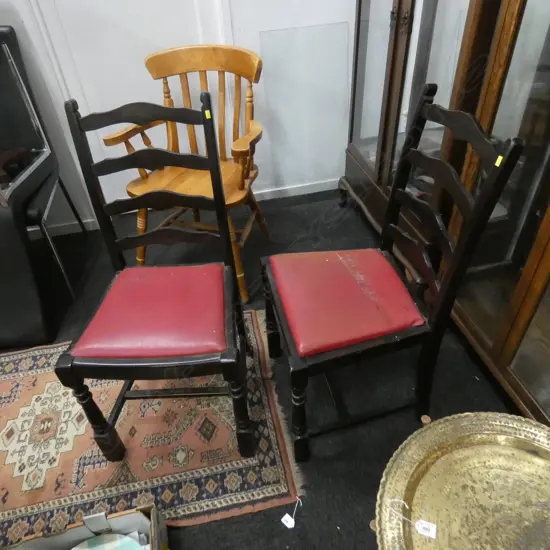 SET 4 BEECH COUNTRY CHAIRS - RED VINYL SEAT PADS